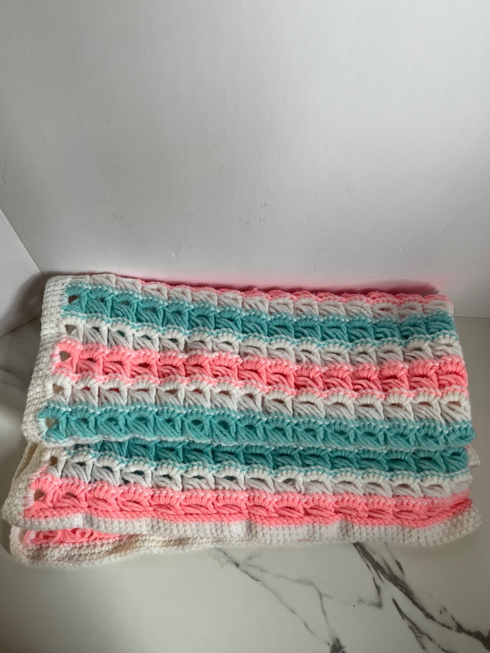 Handmade crochet baby nursery granny square sofa throw bordered vintage